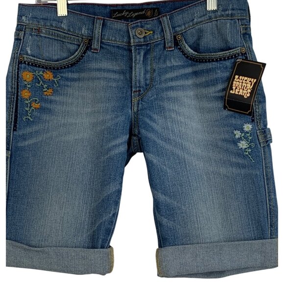 Lucky Legend LR Sister Workman Bermuda Shorts Size 6/28 Denim Embroider RCC10707 - Picture 1 of 11